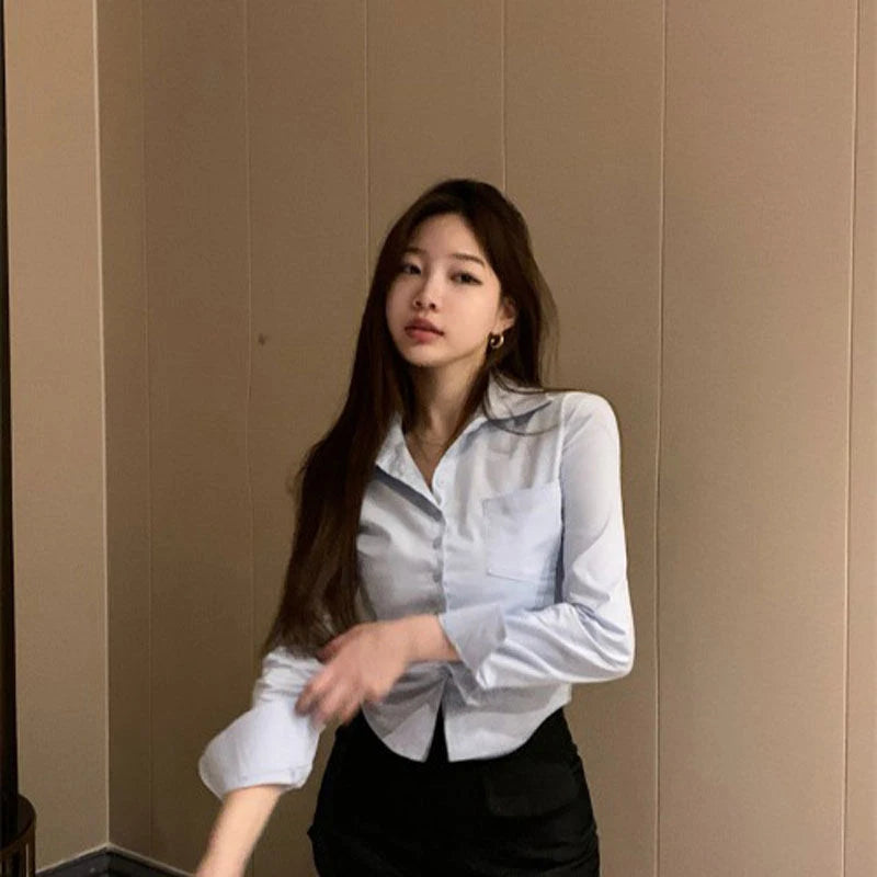 White Korean Sweet Shirt Y2K Slim Preppy Style Chiffon Female Long Sleeve Blouse Summer Fashion Office Casual Ladies Crop Tops