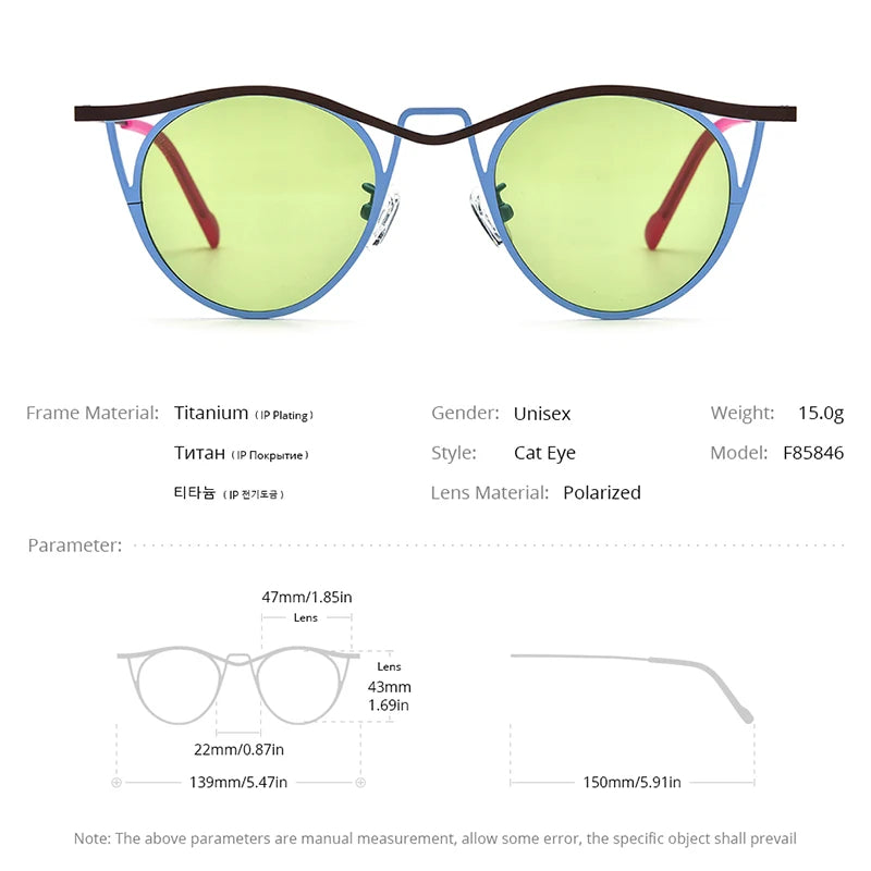 FONEX Polarisierte Sonnenbrille Damen aus reinem Titan 2024 Neue Mode Bunte Retro Cat Eye Sonnenbrille für Herren UV400 Shades F85846T