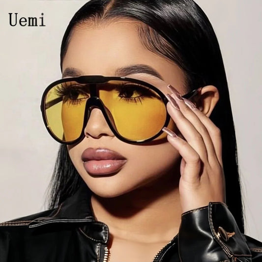 Uemi Fashion Vintage Einteilige Sonnenbrille für Frauen Männer Gelb Übergroße Sonnenbrille Weibliche Schattierungen UV400 Brille