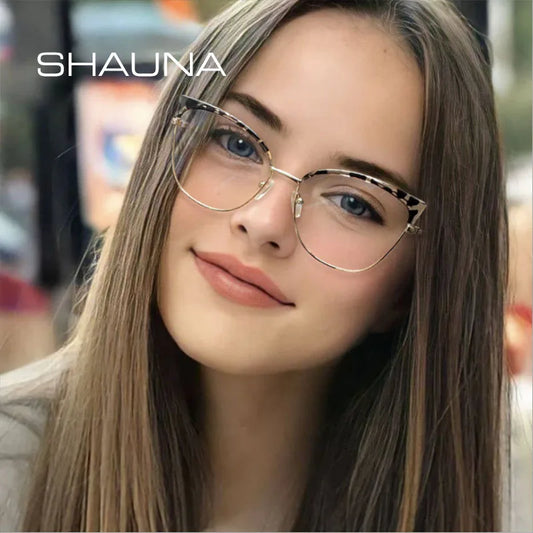 SHAUNA Retro Cat Eye Women Metal Glasses Frame Clear Anti Blue Light Optical Eyewear Fashion Men Spring Hinge Computer Goggles