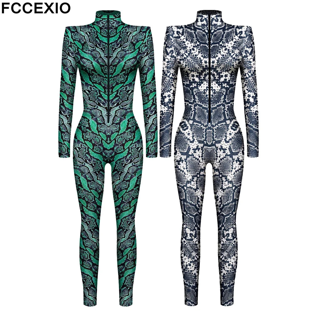 FCCEXIO Thriller Snake Skin Rompers 3D Print Cosplay Costume Sexy Jumpsuit Bodysuit Adult Carnival Halloween Party monos mujer