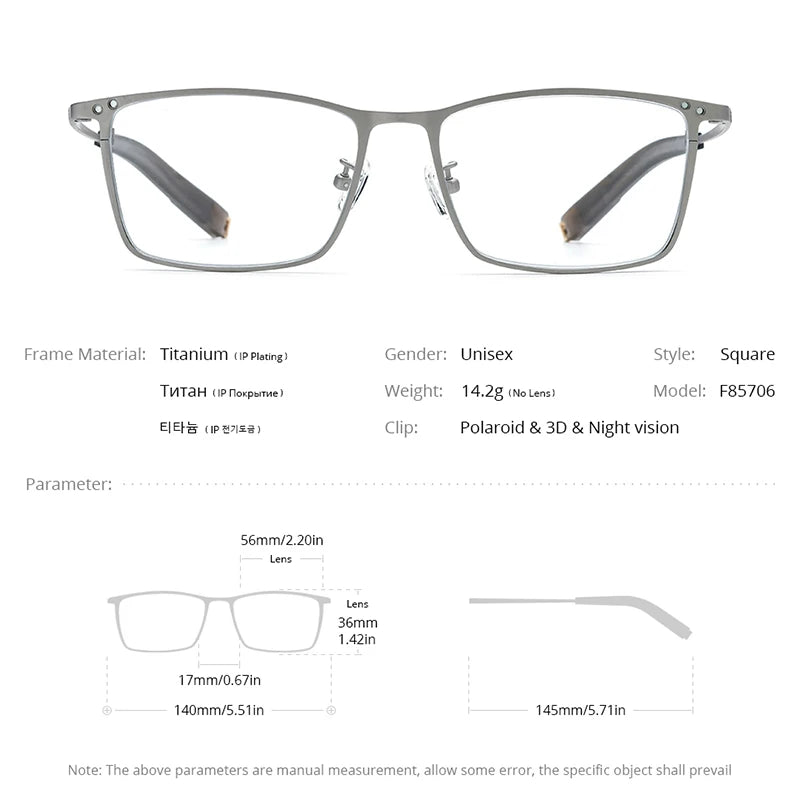 FONEX Titan-Brillenrahmen für Herren, quadratisch, Magnetclip, Brille mit Nachtsicht, polarisierter Linse und 3D-Linse F85760