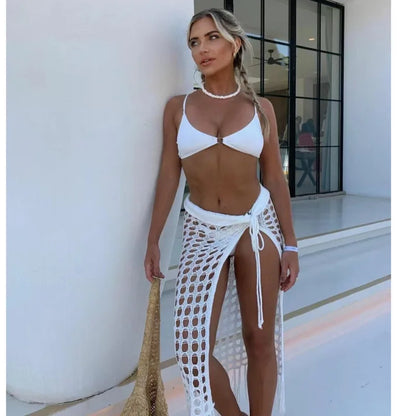 Frauen Gestrickte Strand Rock Sexy Aushöhlen Aushöhlen Split Sonnenschutz Rock Quaste Saum Mujer Weibliche Chic Schlank Vestidos