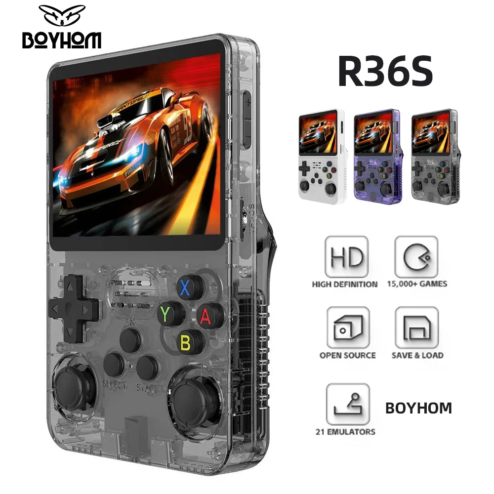 Console de jeux vidéo portable rétro BOYHOM R36S Système Linux Écran IPS 3,5 pouces Lecteur vidéo de poche portable R35s Pro Jeux 64 Go