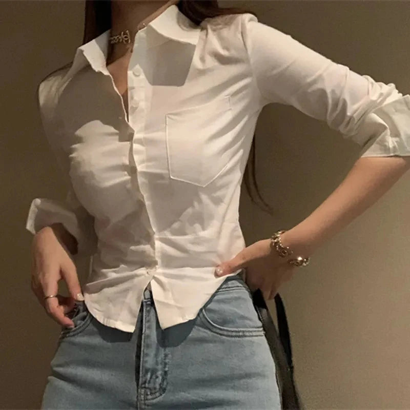 White Korean Sweet Shirt Y2K Slim Preppy Style Chiffon Female Long Sleeve Blouse Summer Fashion Office Casual Ladies Crop Tops