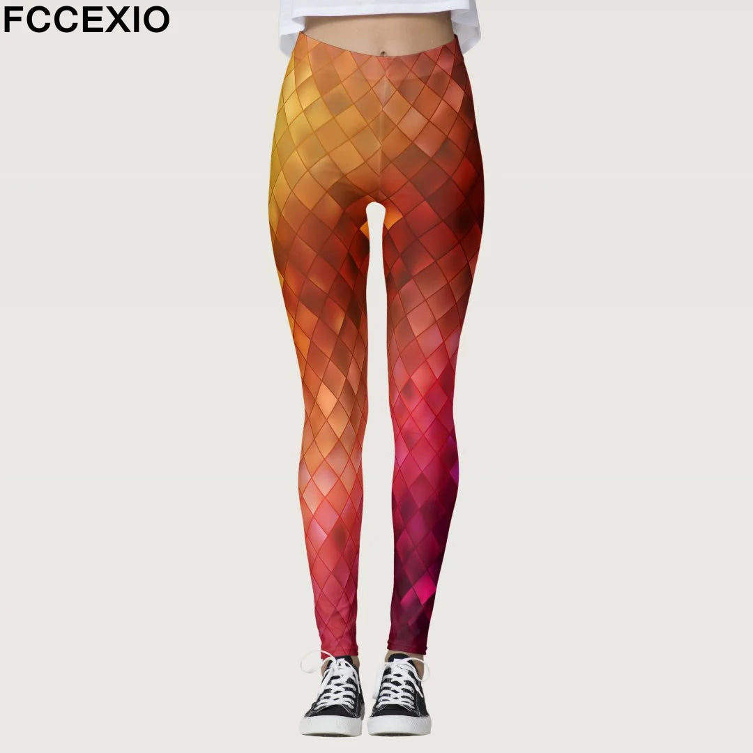 FCCEXIO Sommer Neue Geometrische Graffiti Print Damen Sport Leggings Hohe Taille Lauf Tght Fitness Workout Yoga Gym Hosen S-3XL