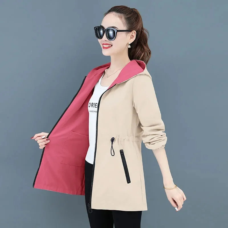 2024 Nouvelle Veste Femme Automne Double Face Coupe-Vent Femme Manches Longues Vestes À Capuche Décontracté Manteau De Base Vêtements D'extérieur Amples 4XL