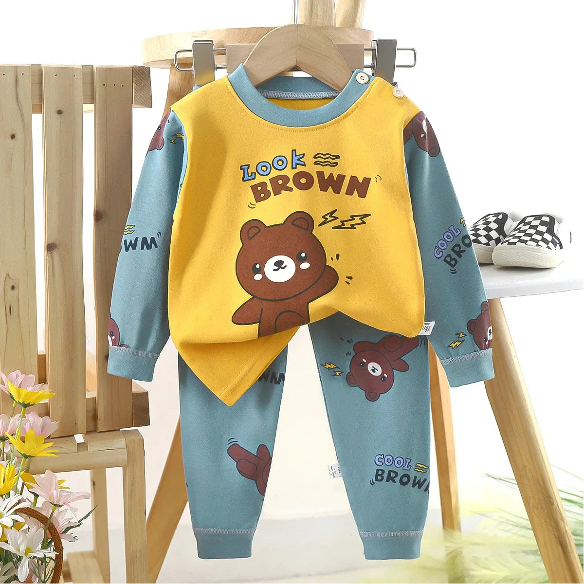 Kids Boys Casual Warm Cotton Pajamas Cute Cartoon Bear Long Sleeve T-Shirt Tops + Pants New Baby Autumn Sleepwear Clothing Sets