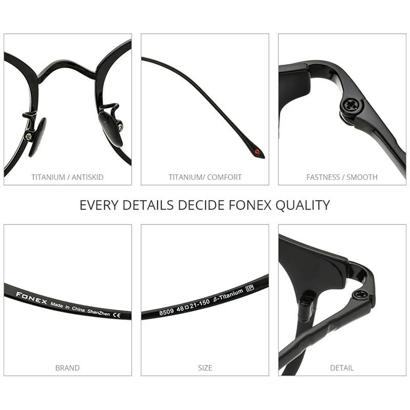 FONEX Pure Titanium Eye Glasses Frames for Women Retro Round Eyeglasses Men New Vintage Eyewear 8509