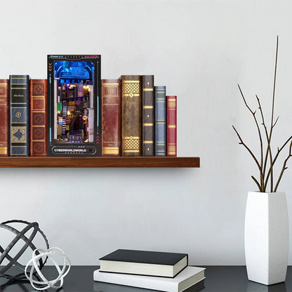 DIY Book Nook Kit 3D Wooden Puzzle Bookshelf Insert Decor with LED Light Mini Dollhouse Model Kit Insert Bookend Building Kit