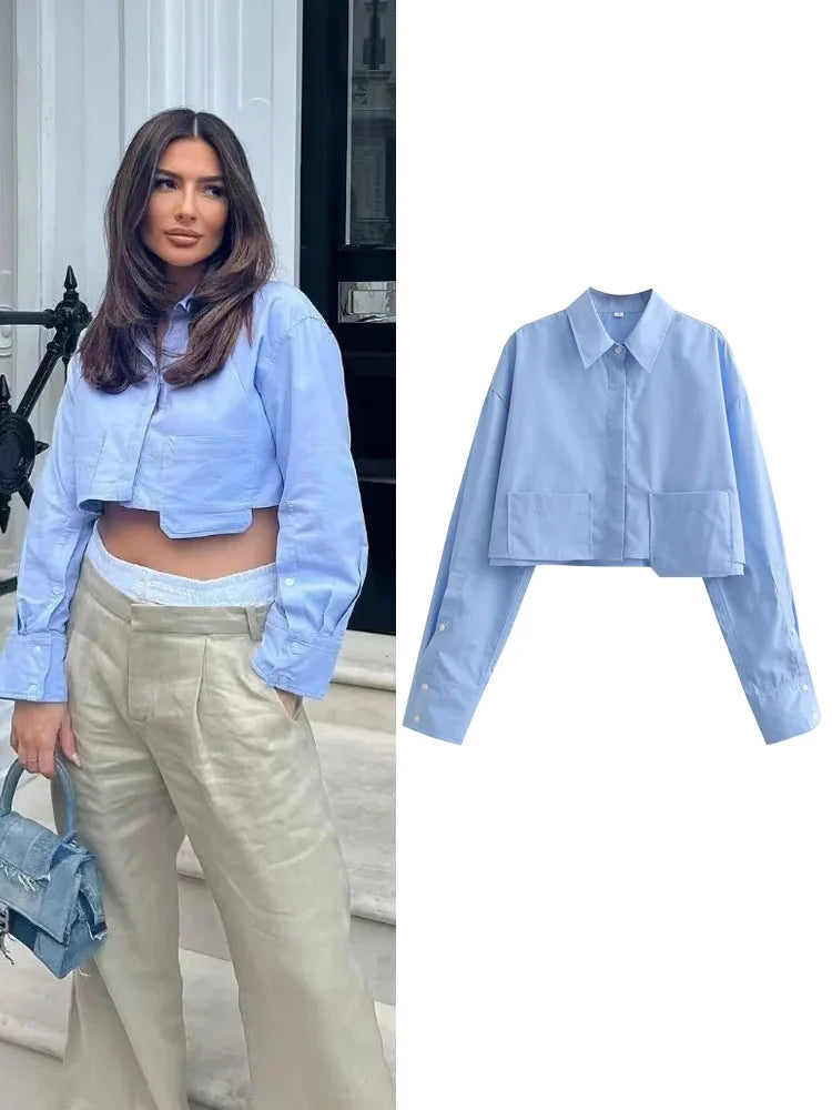 TRAF Women's Cropped Shirt Fashion Woman Blouse 2024 White Blue Striped Shirts and Blouses Autumn Long sleeve Short Top Female