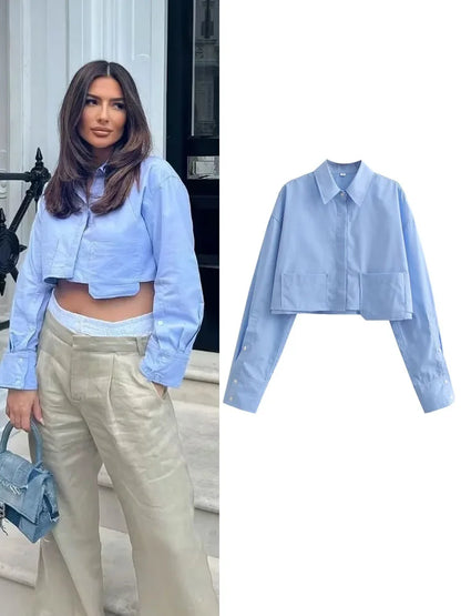 ONKOGENE frauen Cropped Shirt Fashion Frau Bluse 2024 Weiß Blau Gestreiften Hemden und Blusen Herbst Langarm Kurze Top Weibliche