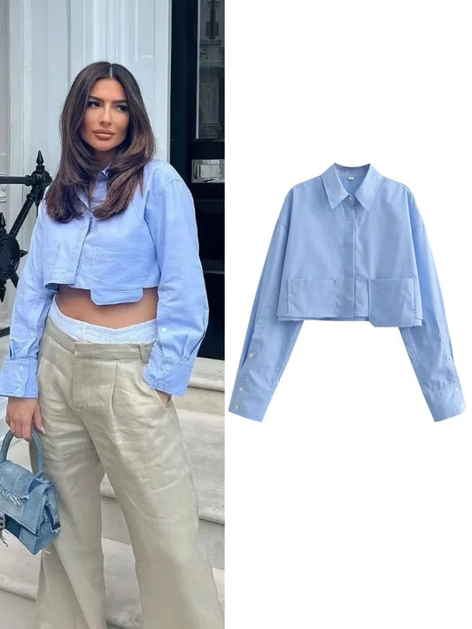 ONKOGENE frauen Cropped Shirt Fashion Frau Bluse 2024 Weiß Blau Gestreiften Hemden und Blusen Herbst Langarm Kurze Top Weibliche