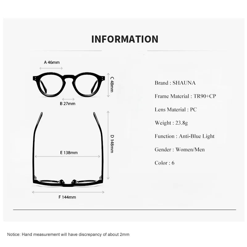 SHAUNA Anti-Blue Light Spring Hinge TR90 Retro Rivets Round Glasses Frames Fashion Computer Optical Eyeglasses