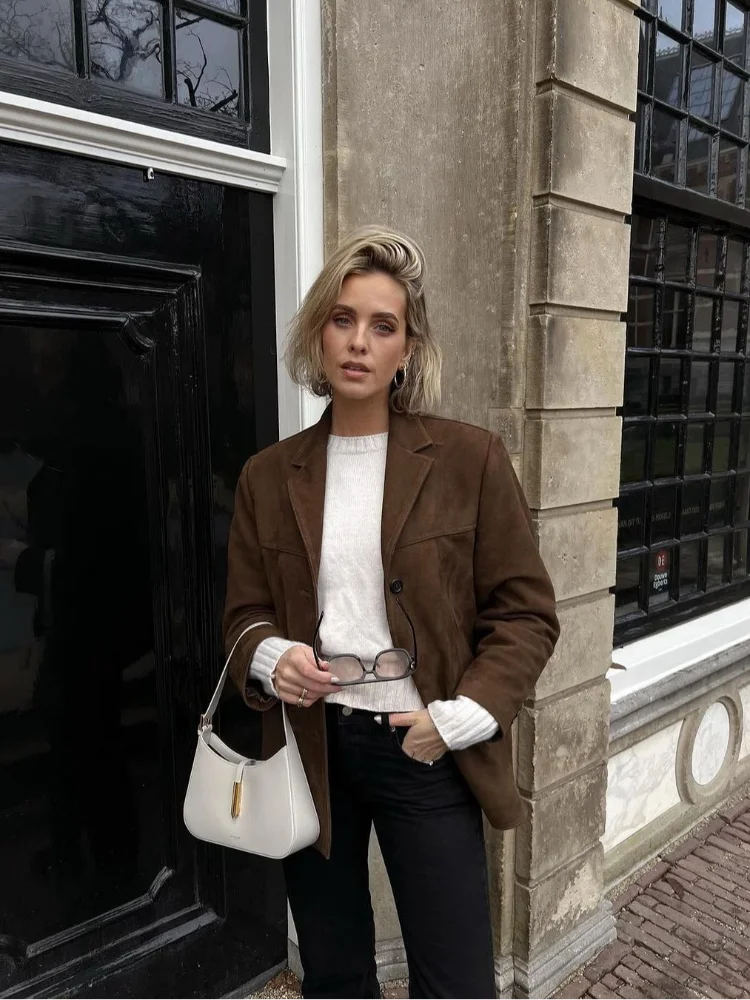 Ins Fashion Veste à revers marron avec poche pour femme, manteau court décontracté à simple boutonnage et manches longues, vêtement d'extérieur d'automne pour dame, 2024