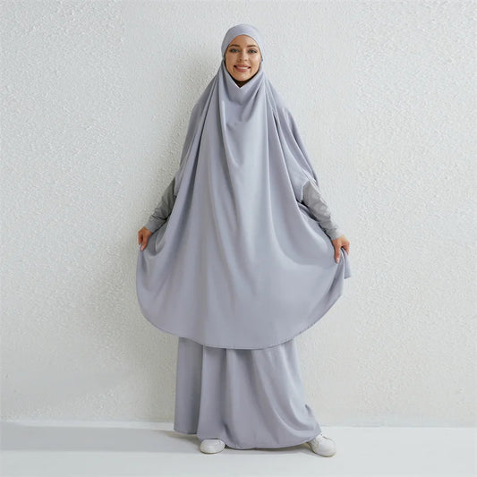 Muslim Sets Two Pieces Prayer Clothing Long Hooded Smocking Sleeve Shirts Hijab Loose Maxi Skirts Elastic Waist Women Abaya Sets