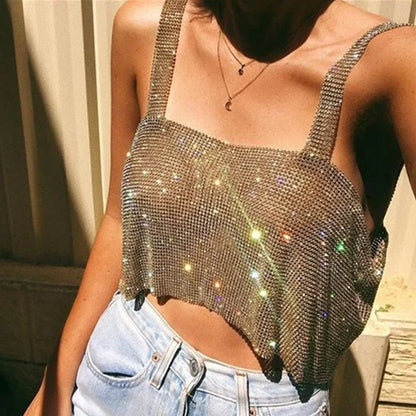 Haut court de fête à strass bling 2024 Mode solide bretelles dos nu diamants paillettes haut court camisole pour femmes