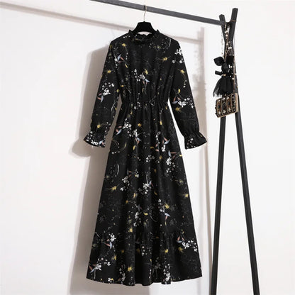 Autumn Spring Vestidoes Woman Chiffon Dresses Full Sleeve Vintage Printed Floral Zipper Casual Long Dress Women Maxi Dresses