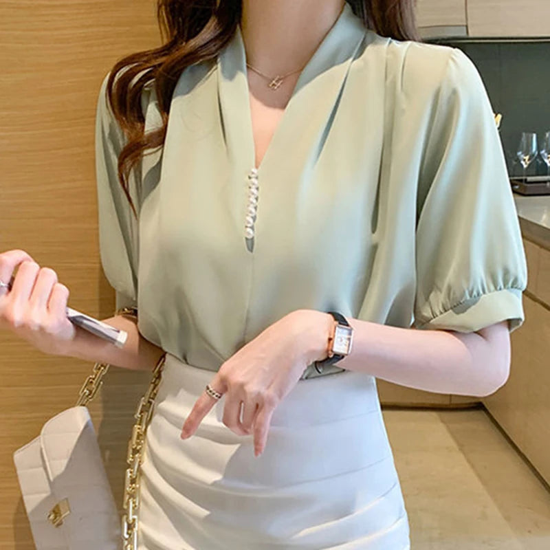 Women Chiffon Blouse Korean New Elegant Pearl Short Sleeve Female Shirt Summer Office V Neck All Match Chic Thin Ladies Tops