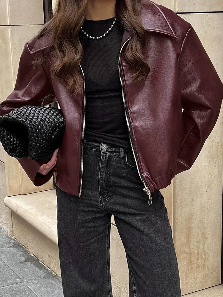 Street Leather Women' Jacket Wine Red Turn Down Long Sleeve Pu Female Coats 2024 Vintage Pocket Zipper Motorcycle Lady Outwears