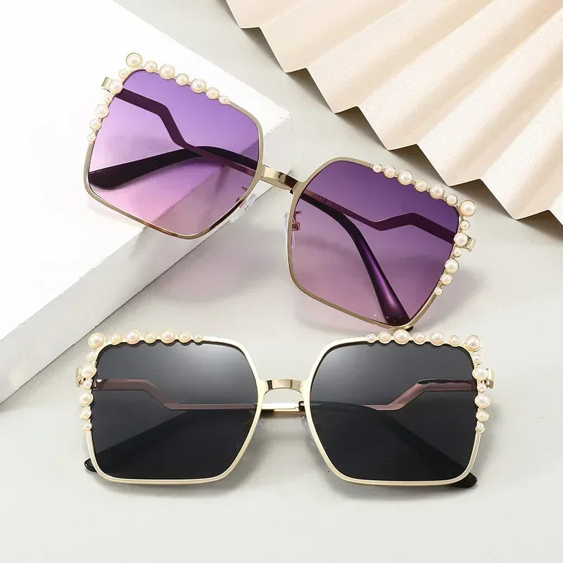 2024 New Luxury Pearl Sunglasses Women Brand Designer Oversized Square Sun Glasses Ladies Fashion Shades Oculos De Sol UV400