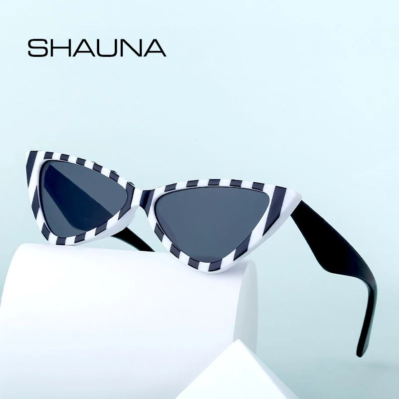 SHAUNA Retro Rivets Women Stripe Cat Eye Sunglasses UV400