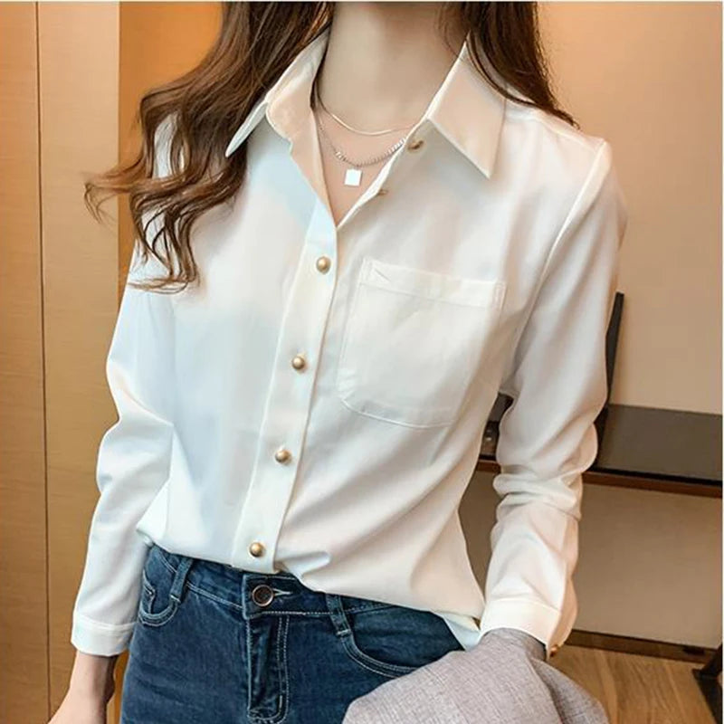 White Chiffon Office Women Shirts Korean Elegant Pearl Loose Long Sleeve Female Blouse Autumn New Pocket Chic Ladies Casual Tops