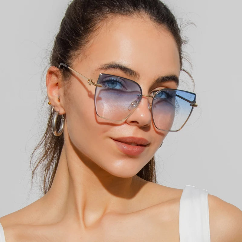 Retro Cat Eye Sonnenbrille Damen Markendesigner Mode Randlose Gradienten Sonnenbrille Schattierungen Schneiden Linse Damen Rahmenlose Brille