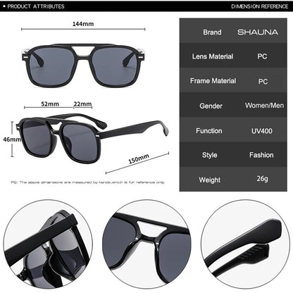 SHAUNA Retro Square Double Bridges Women Sunglasses Fashion Rivets Men Clear Yellow Blue Shades UV400