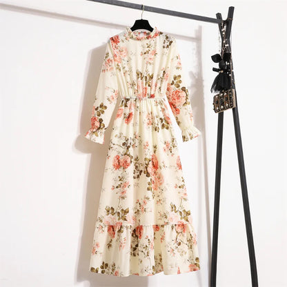 Autumn Spring Vestidoes Woman Chiffon Dresses Full Sleeve Vintage Printed Floral Zipper Casual Long Dress Women Maxi Dresses