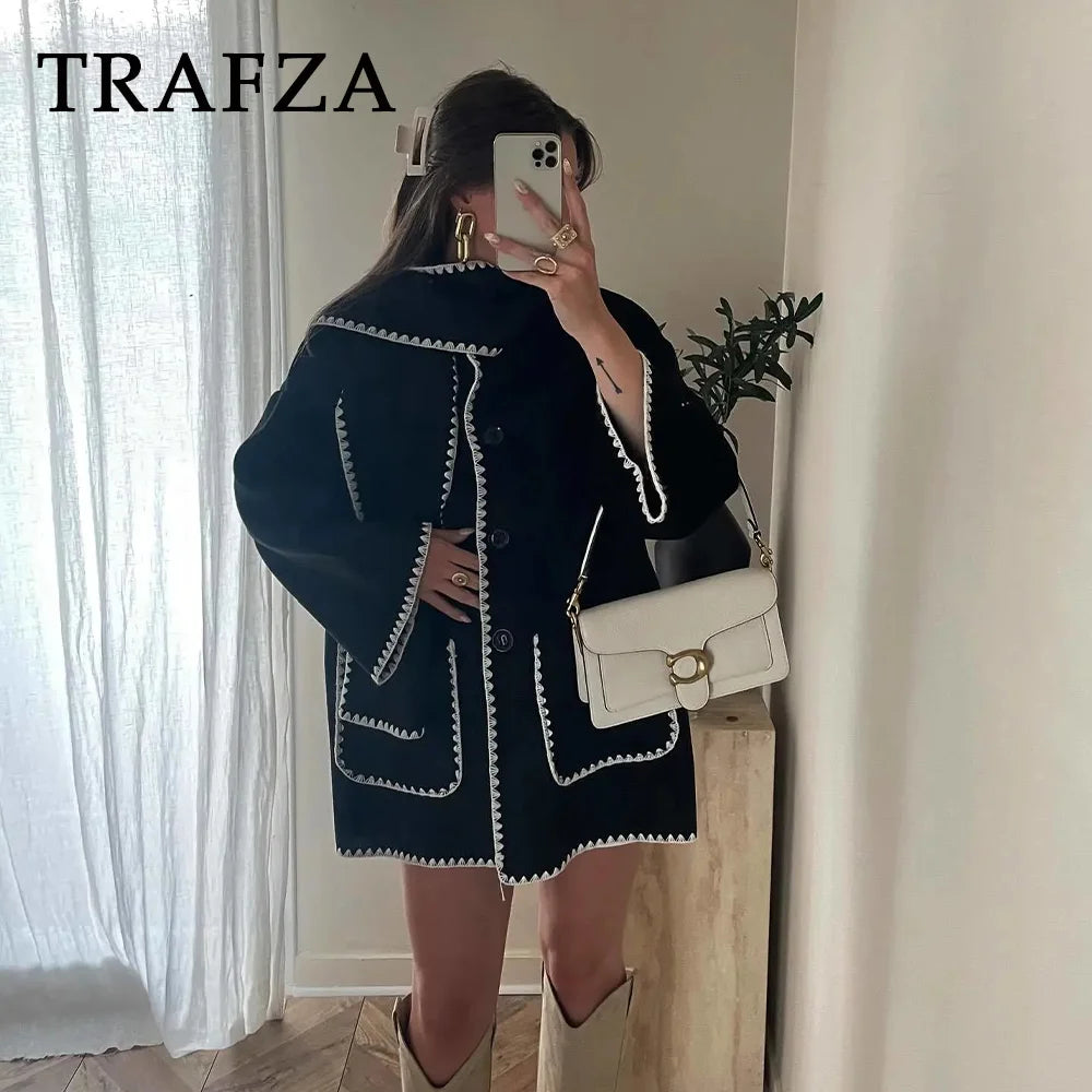 TRAFZA 2023 Frauen Herbst Winter Casual Zickzack Schal Kragen Jacken Mode Lose Streetwear Elegante Demi-saison Jacke Für Frauen