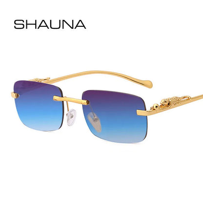 SHAUNA Fashion Small Rimless Rectangle Sunglasses Women Retro Cheetah Ocean Film Eyewear Men Tinted Sun Glasses UV400