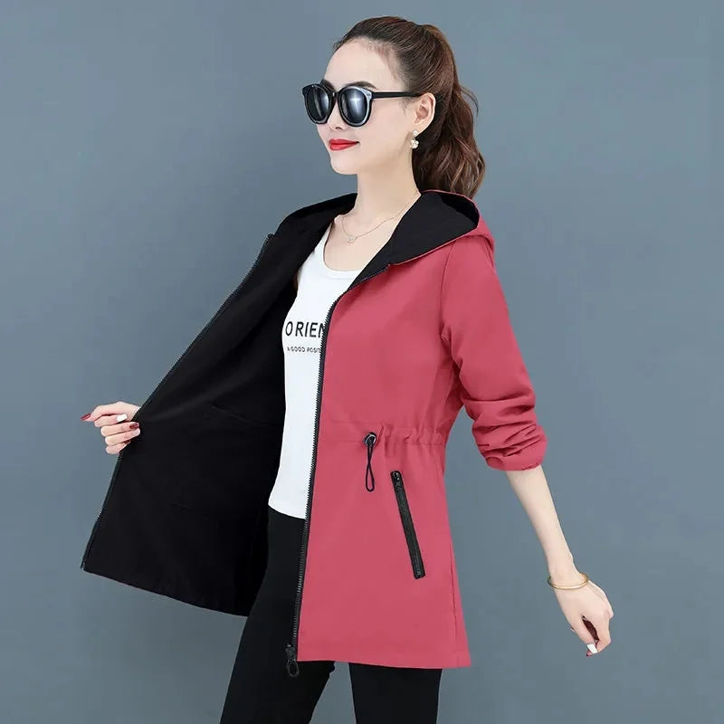 2024 Nouvelle Veste Femme Automne Double Face Coupe-Vent Femme Manches Longues Vestes À Capuche Décontracté Manteau De Base Vêtements D'extérieur Amples 4XL