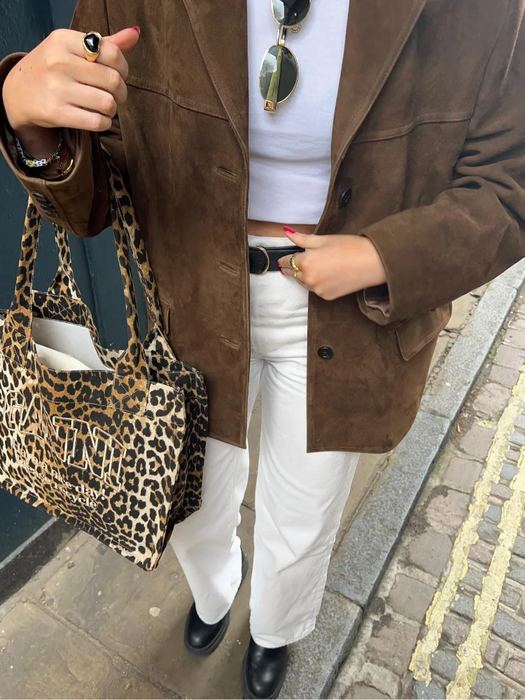 Ins Fashion Brown Lapel With Pocket Jacket Woman Casual Single Breasted Long Sleeve Short Coat 2024 Lady Autumn Street Outerwear