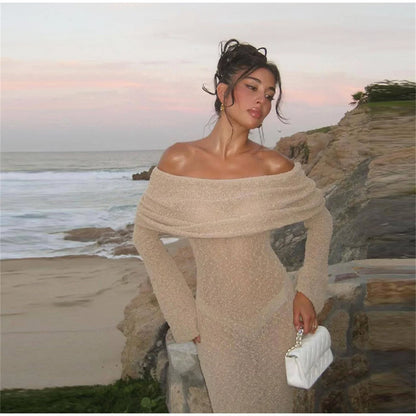 Robe longue en tricot sexy élégante pour femme, blanche, épaules dénudées, moulante, ajourée, au crochet, robe d'été, robes d'invitées de mariage, tenues de plage