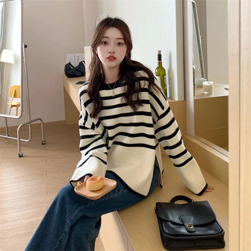 Y2k Sweet Women Striped Sweaters Korean Knitted Loose Long Sleeve Women Pullovers Autumn Retro Preppy Style Ladies Casual Tops