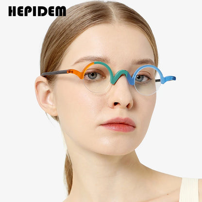 HEPIDEM Matte Acetate Eyeglasses Frame Women 2023 Fashion Round Glasses Half Rim Spectacles Eyewear H9281