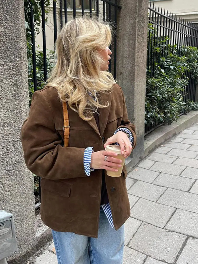 Ins Fashion Brown Lapel With Pocket Jacket Woman Casual Single Breasted Long Sleeve Short Coat 2024 Lady Autumn Street Outerwear