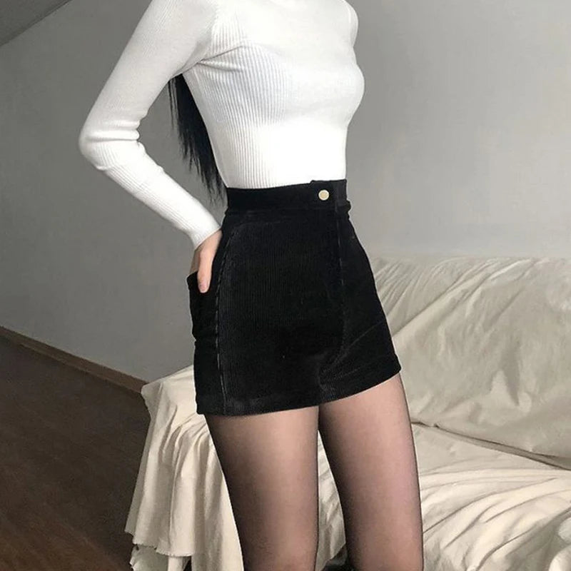 Black Women Corduroy Shorts Sexy Slim High Waist Female Casual Shorts Autumn Stretch Goth New Fashion All Wear Ladies Shorts