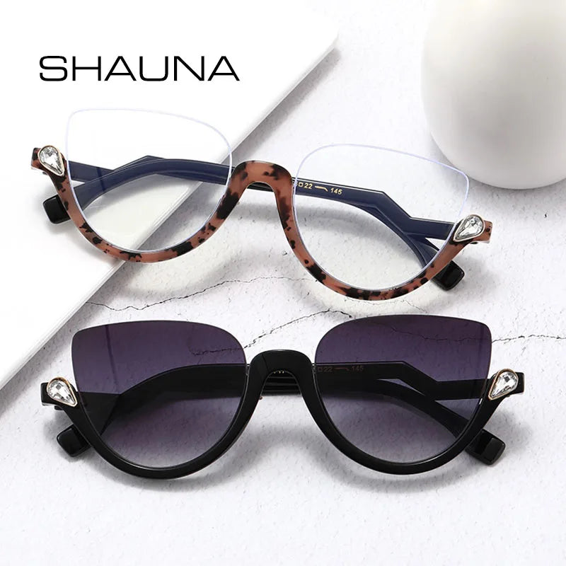 SHAUNA Classic Crystal Half Frame Sunglasses Women Fashion Anti-Blue Light Cat Eye Optical Frames Computer Glasses