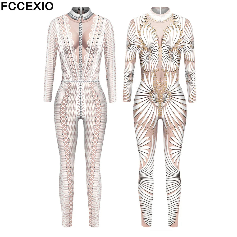 FCCEXIO Lace Sequins Pattern 3D Printed Cosplay Costume Sexy Jumpsuit Bodysuit Adult Carnival Party Clothing S-XL monos mujer