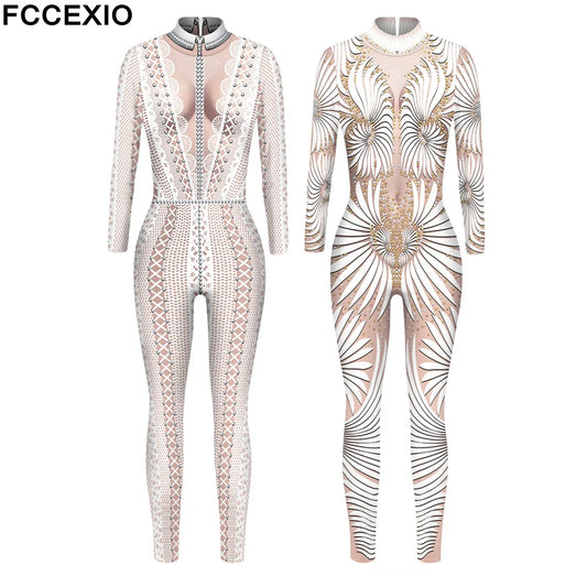 FCCEXIO Lace Sequins Pattern 3D Printed Cosplay Costume Sexy Jumpsuit Bodysuit Adult Carnival Party Clothing S-XL monos mujer