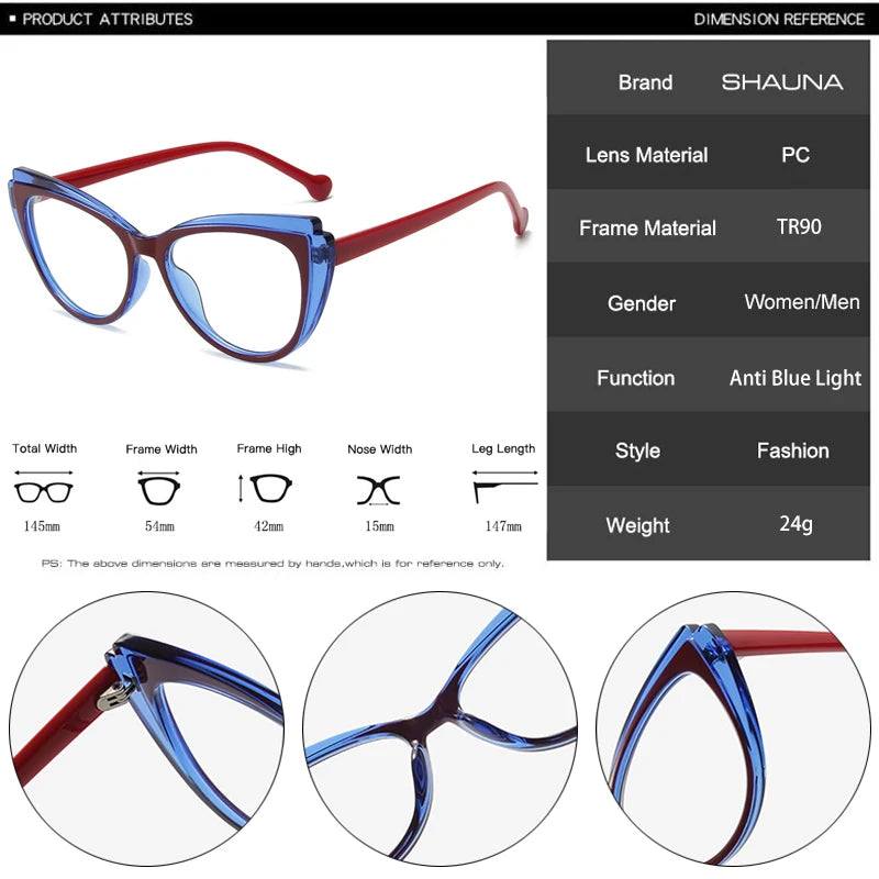 SHAUNA Retro Double Color Cat Eye Women Glasses Frame Fashion Clear Anti-Blue Light Optical Men Eyewear Frame