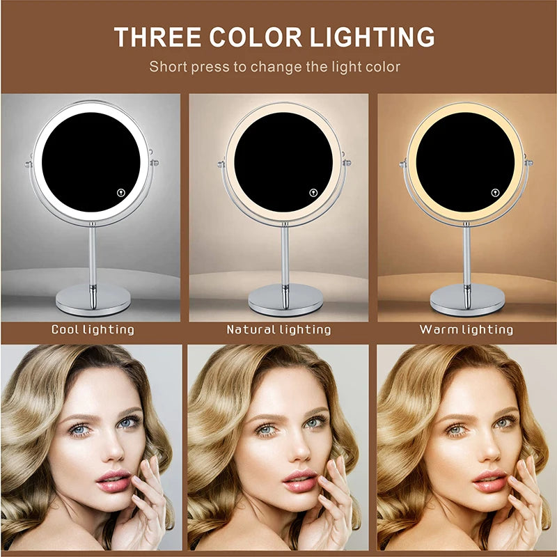 Miroir de maquillage à LED grossissant 10X de 8 pouces avec interrupteur tactile à 3 couleurs de lumière, miroir cosmétique de bureau à chargement USB double face