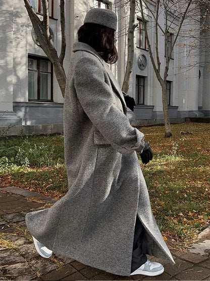 Retro Turn Down Collar Long Coat Women Autumn Solid Long Sleeve Maxi Coats Female Elegant Chic Oversize Double Breasted Outwear