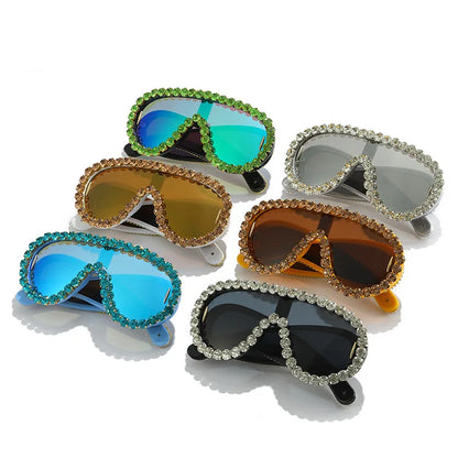 SHAUNA Luxury Crystal Oversized Mirror Coating Women Goggle Sunglasses UV400