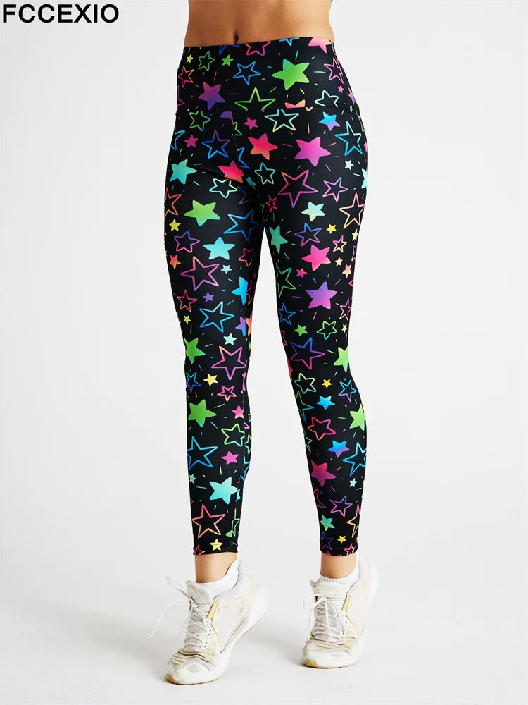 FCCEXIO Sexy New Many Colorful Stars Print Women's Sports Leggings High Waist Running Tght Fitness Workout Yoga Gym Pants