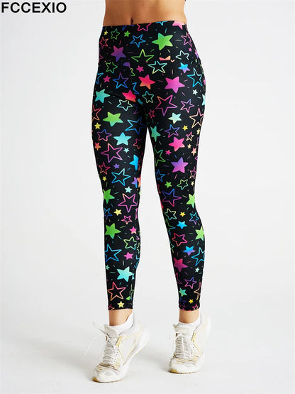 FCCEXIO Sexy New Many Colorful Stars Print Women's Sports Leggings High Waist Running Tght Fitness Workout Yoga Gym Pants