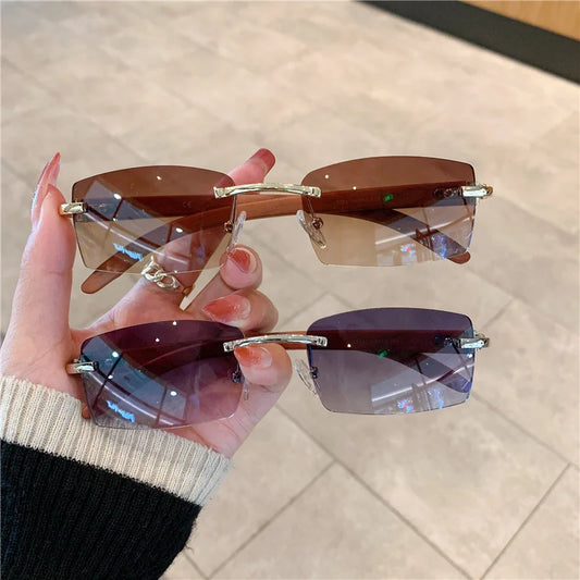 Vintage Designer Randlose Sonnenbrille Für Männer Und Frauen Stilvolle Retro Marke Holz Muster Unisex Sonnenbrille UV400