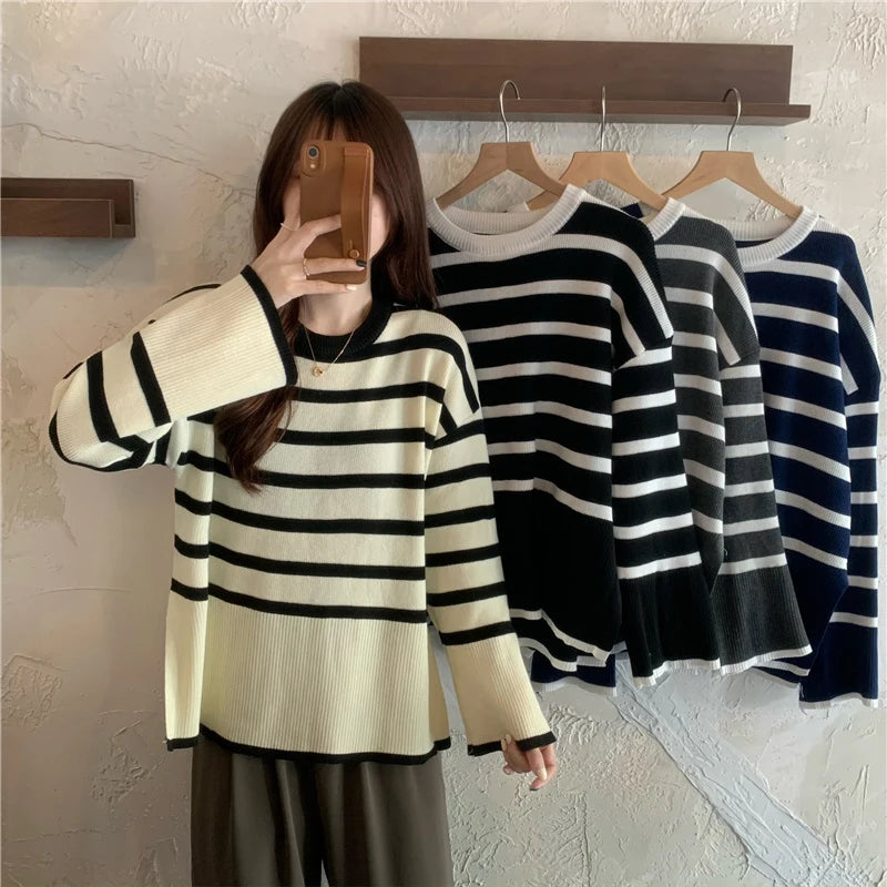 Y2k Sweet Women Striped Sweaters Korean Knitted Loose Long Sleeve Women Pullovers Autumn Retro Preppy Style Ladies Casual Tops